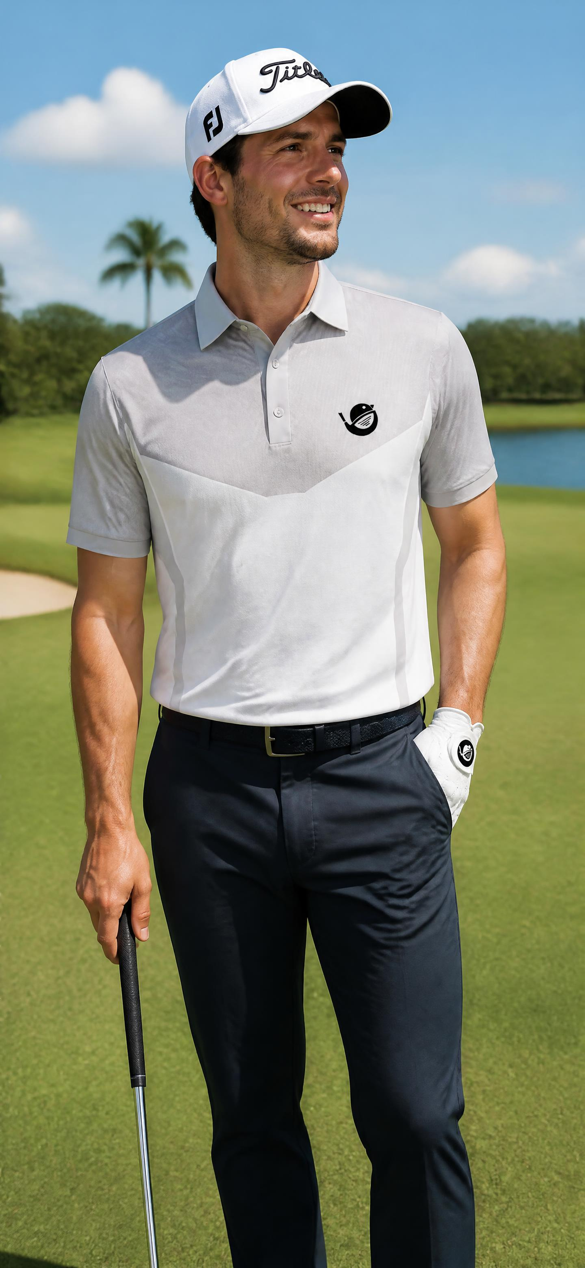 Golfer wearing the Birdshot Ironman Gray men's golf polo on a golf course