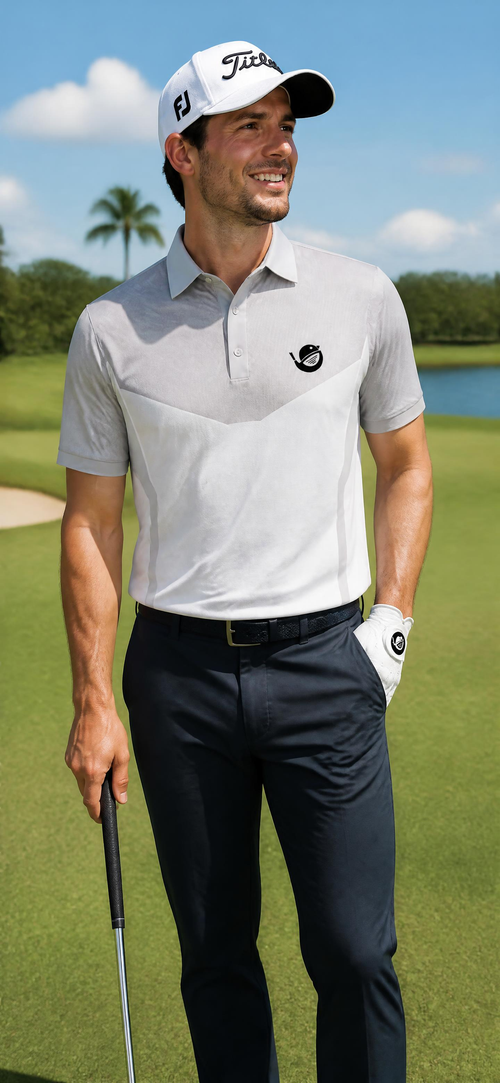Golfer wearing the Birdshot Ironman Gray men's golf polo on a golf course